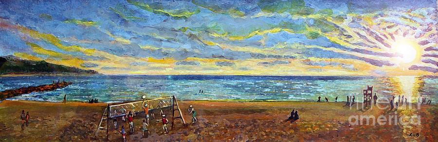 900x292 Sunset Volleyball At Old Silver Beach Painting By Rita Brown - Volleyball Painting