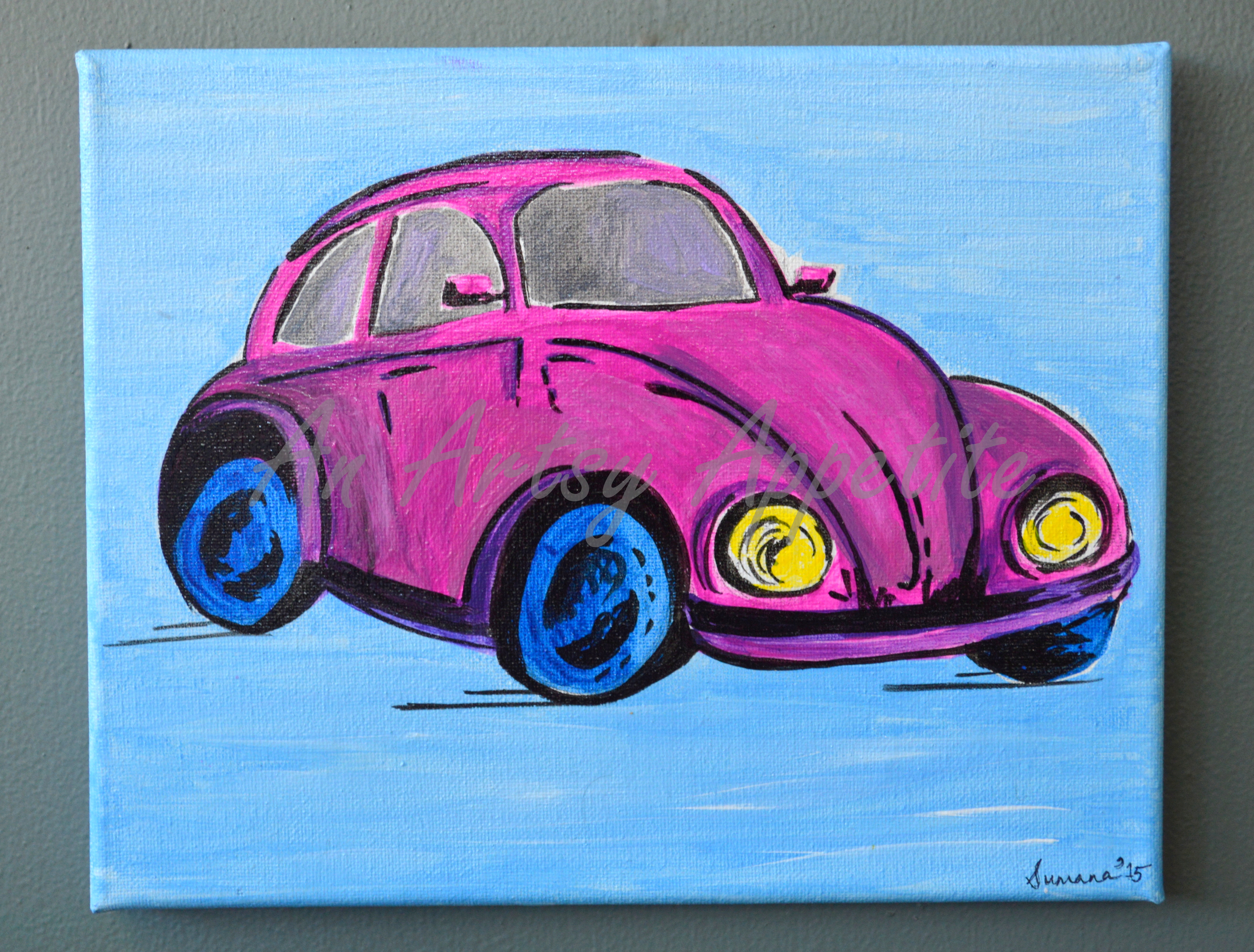 5253x3987 Vintage Pink Volkswagen Beetle A Colorful, Painted, Wall Art - Vw Beetle Painting