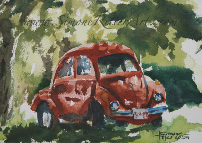 650x463 Vintage Volkswagen Beetle Painting Artwork By Simone Ritter Art - Vw Beetle Painting