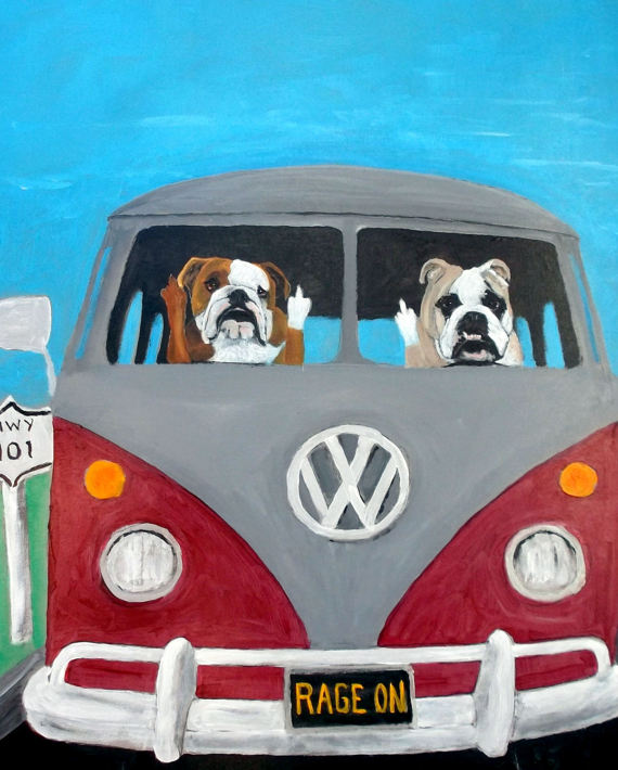 570x710 English Bulldog Art Print Of An Original Oil - Vw Bus Painting