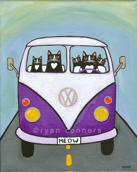570x715 Purple Split Vw Bus Original Cat Folk Art Painting Vw Bus, Folk - Vw Bus Painting
