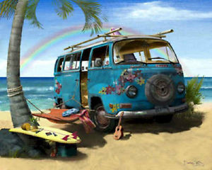 300x240 Vw Flower Bus Art Print Painting ~ Volkswagen Hippie Van Picture - Vw Bus Painting