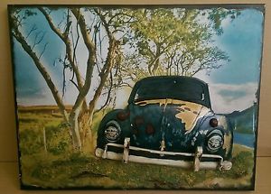 300x215 Tinplate Classic Vw Beetle Painting Under Tree Embossed Car 65cm X - Vw Painting