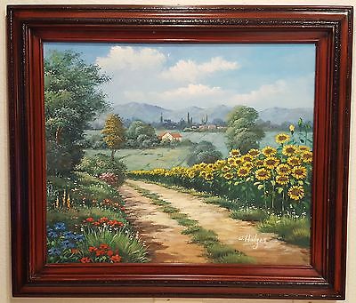 400x341 Original Signed W. Hodges Sunflowers Farm House Landscape Oil - W Hodges Painting