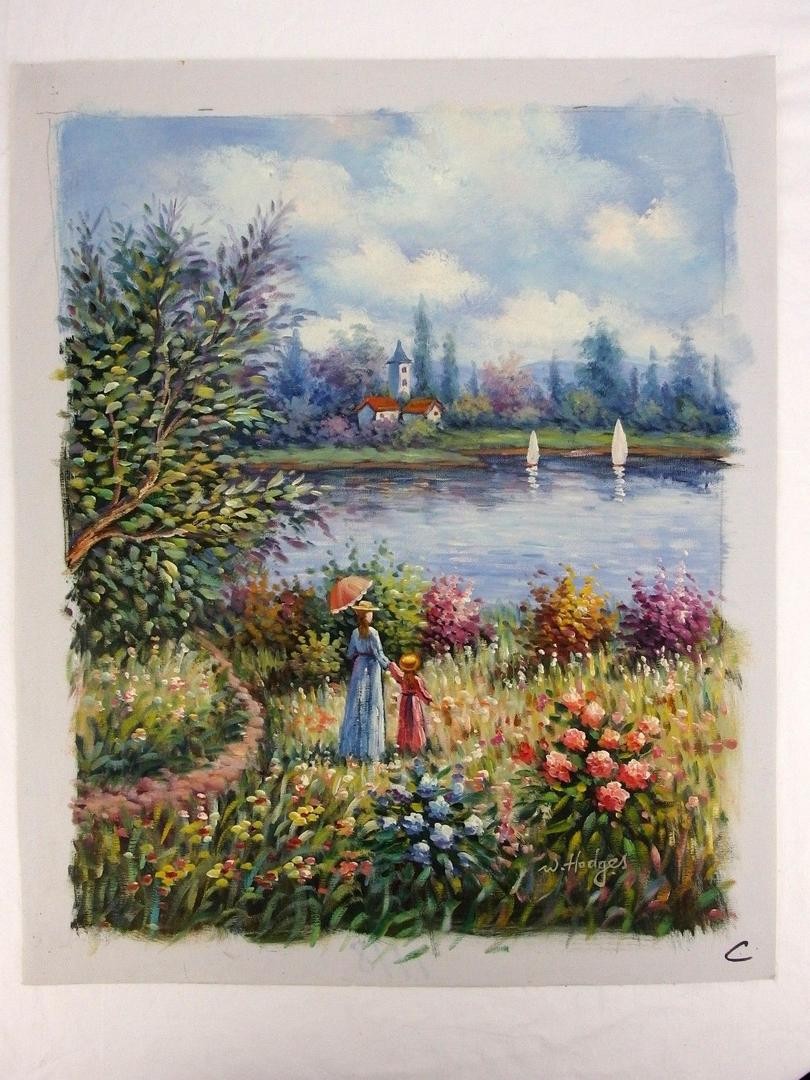 810x1080 W. Hodges Original Oil Canvas Painting Lady Amp Girl Stroll - W Hodges Painting