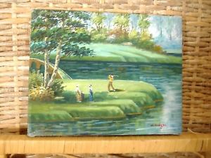 300x225 Golf Course Golfers Oil Painting Vintage Impressionist Signed W - W Hodges Painting