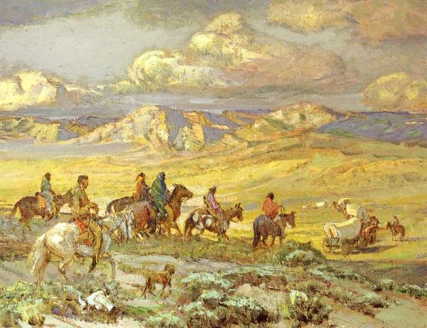 600x461 Friendly Indians Watching A Wagon Train By Oscar E Berninghaus - Wagon Train Painting