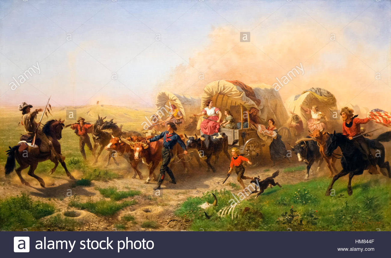1300x858 Indians Attacking A Wagon Train By Emanuel Leutze, Oil On Canvas - Wagon Train Painting