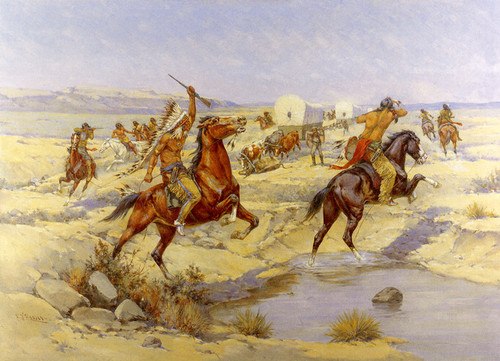 500x361 Art Prints Of Attack On The Wagon Train By Herman Wendelborg Hansen - Wagon Train Painting