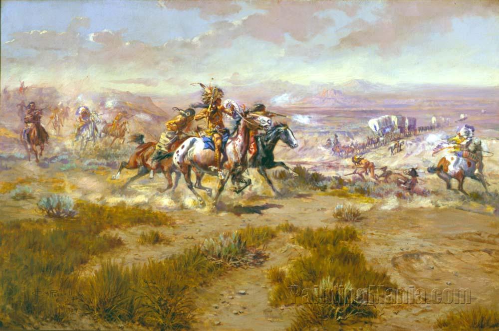 1000x664 Attack On The Wagon Train - Wagon Train Painting