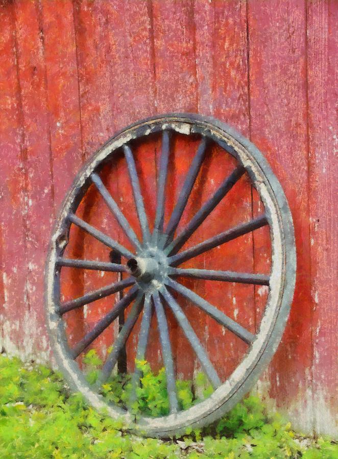 662x900 Wagon Wheel On Red Barn Painting By Dan Sproul - Wagon Wheel Painting