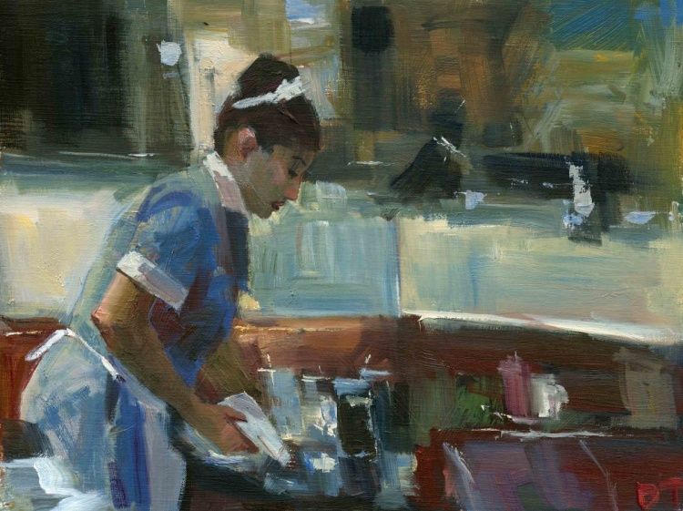 750x561 Waitress Clearing Tables Brush Strokes, Paintings - Waitress Painting