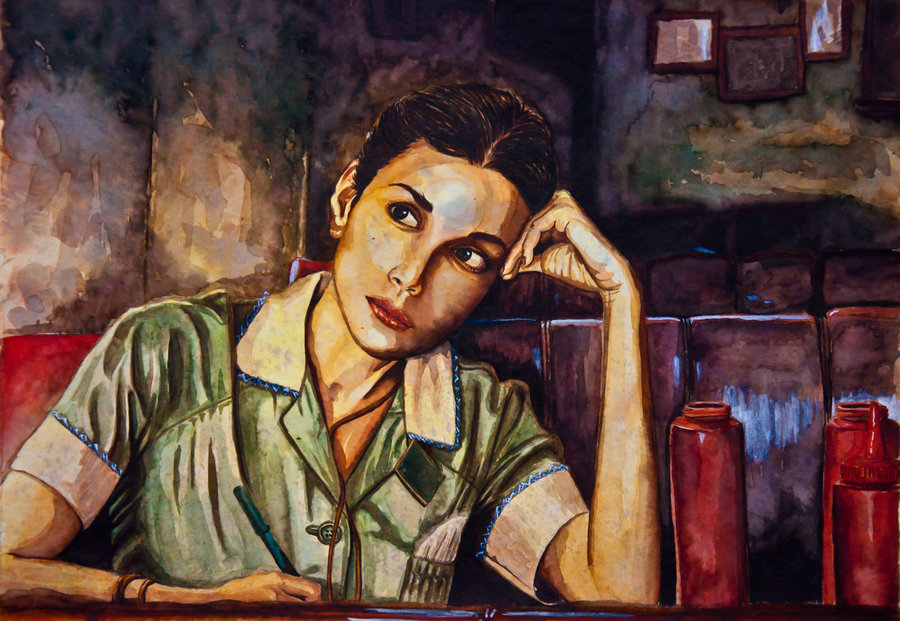 900x621 Waitress Watercolors By Massamitsu - Waitress Painting