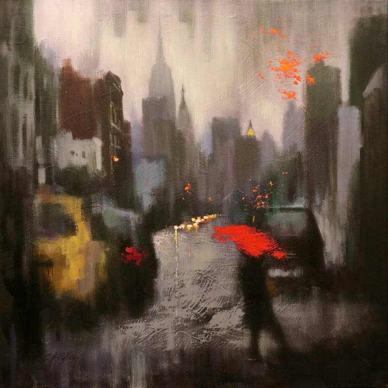 770x769 Saatchi Art A Rainy Day Walker Painting By Chin H Shin - Walker Painting