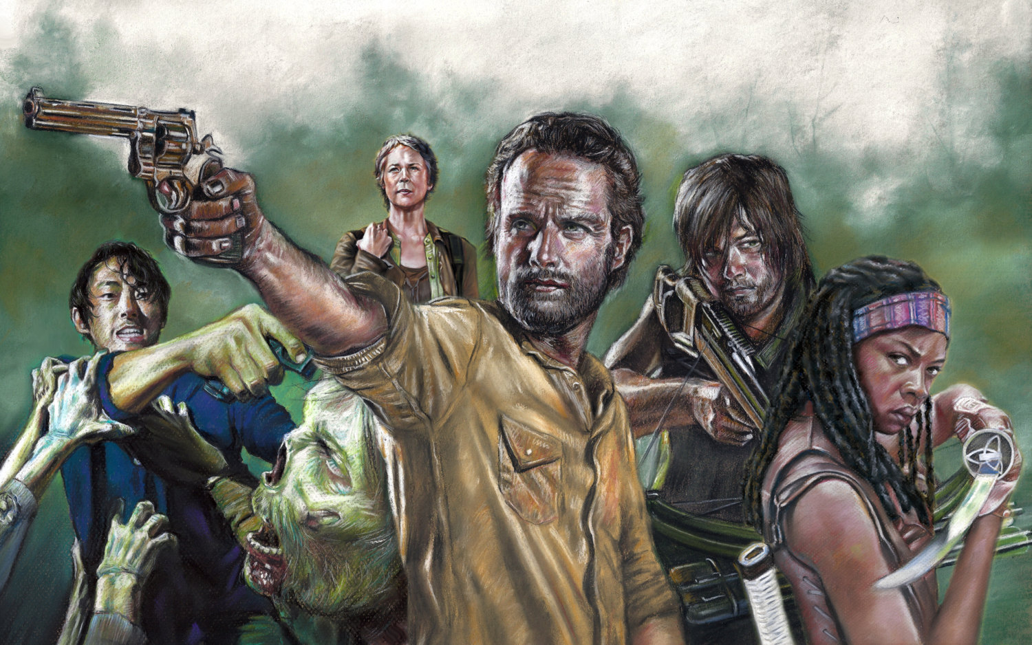 1500x938 Walking Dead Collage Rick Grimes Daryl Dixon Painting - Walking Dead Painting