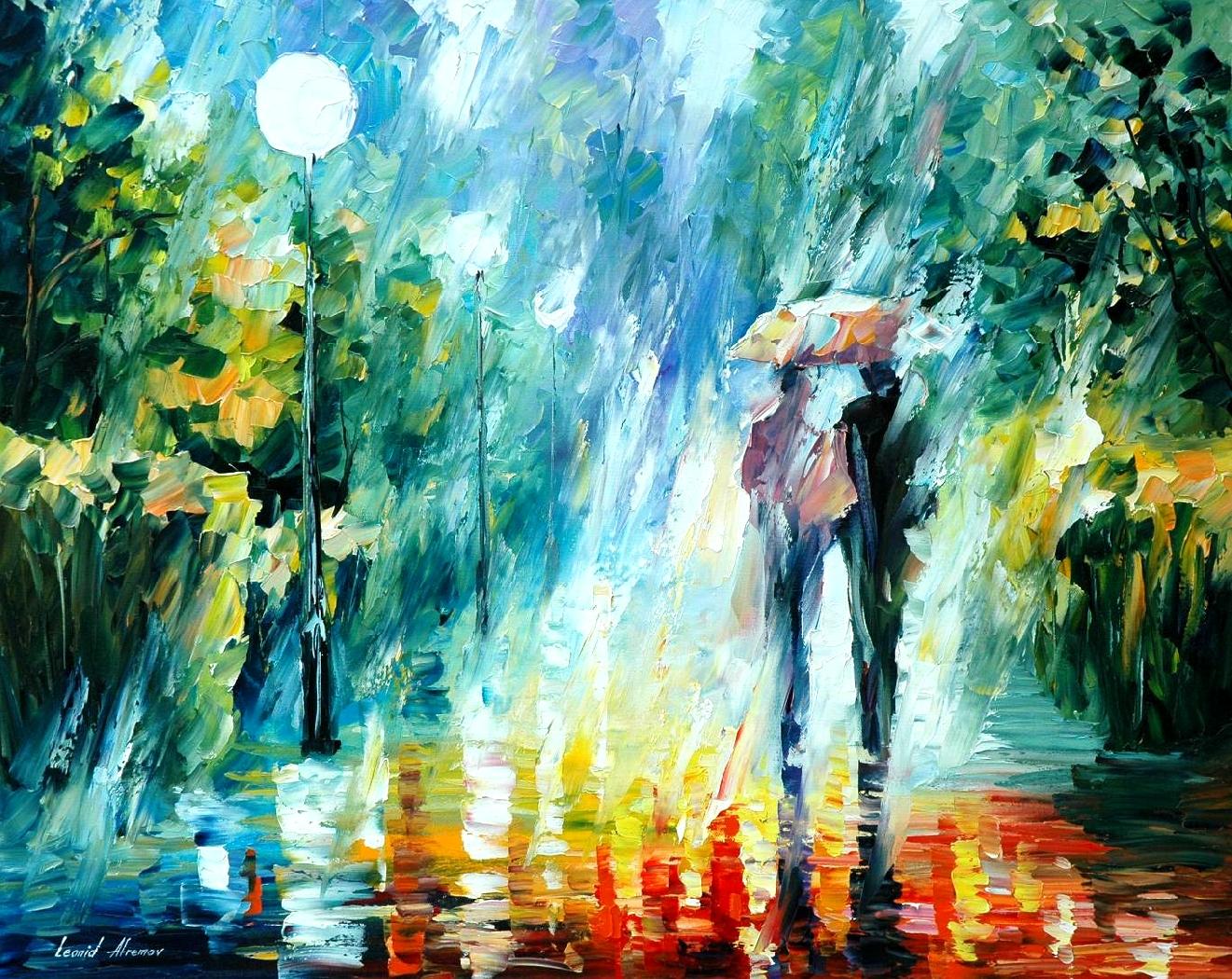 1321x1050 Leonid Afremov, Oil On Canvas, Palette Knife, Buy Original - Walking In The Rain Painting