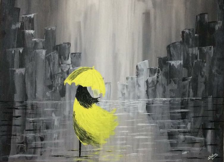 754x546 A Girl Walking In The Rain In The City - Walking In The Rain Painting