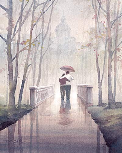 400x500 Walking In The Rain Art Print Of Watercolor Painting - Walking In The Rain Painting