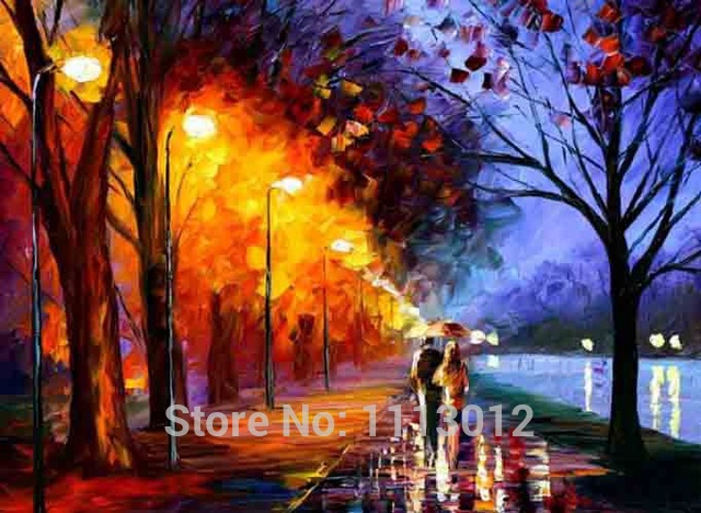 640x468 Hot Sale Abstract Hand Painted City Road Walking In The Rain Oil - Walking In The Rain Painting