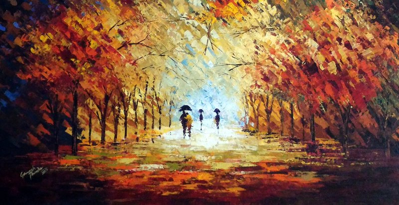 800x412 Romantic Walk In The Rain Ii By Artist Ganesh Panda Nature Art - Walking In The Rain Painting Artist