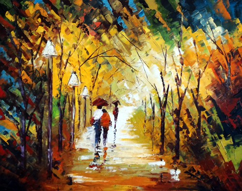500x394 Romantic Walk In The Rain By Artist Ganesh Panda Nature Art - Walking In The Rain Painting Artist