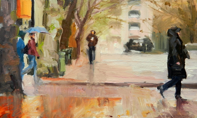 640x384 In Plein Air Walking In The Rain Seattle City, Urban Oil - Walking In The Rain Painting Artist