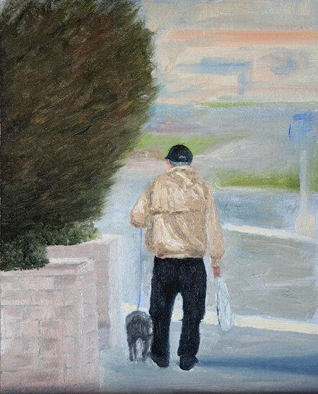 450x557 Old Man Old Dog At The Mall - Walking Man Painting