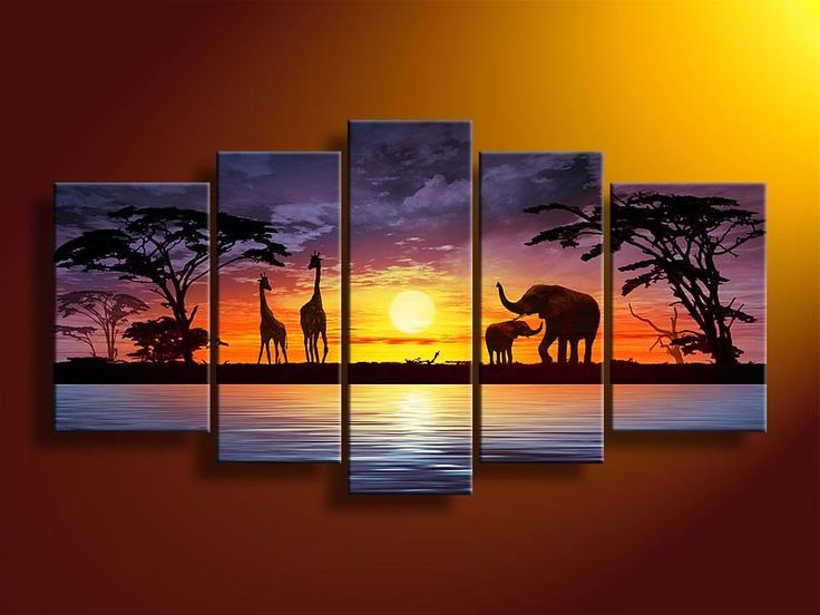 736x552 Hand Painted Wall Art African Elephants Deer Home Decoration - Wall Art Painting