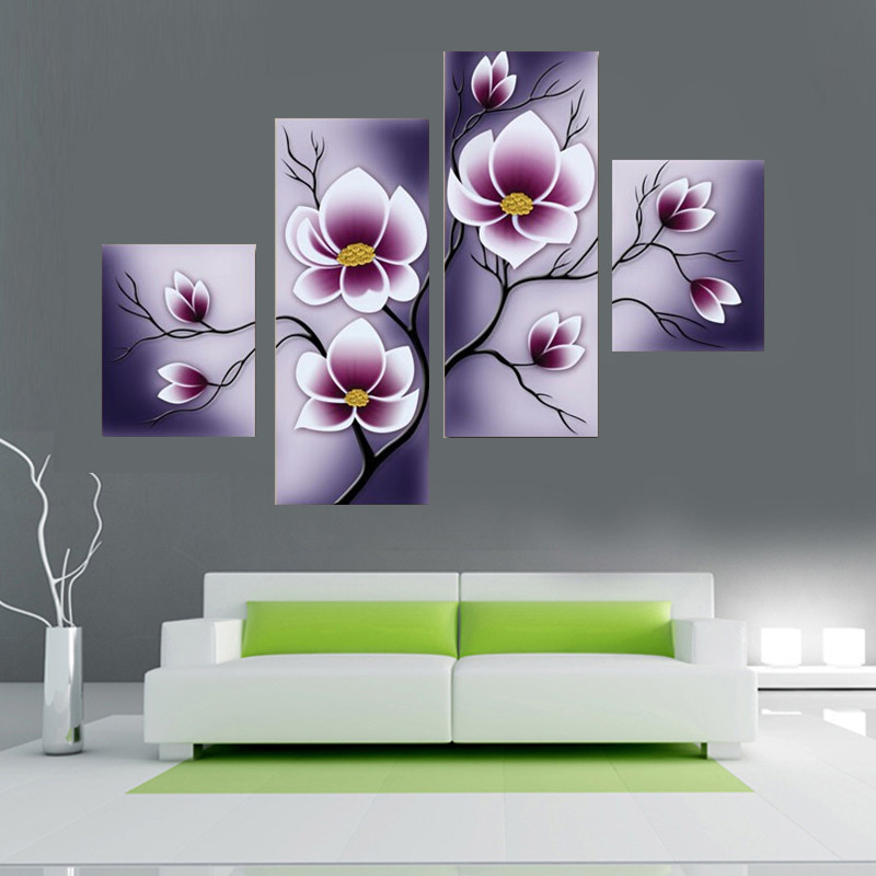 800x800 4pcs Purple Flower Combination Painting Printed On Canvas - Wall Decor Flower Painting
