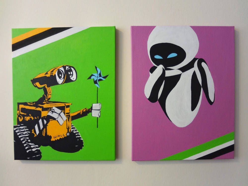 1000x751 Wall E And Eva! So Cute! Hand Painted Pop Art From The Etsy Shop - Wall E Painting