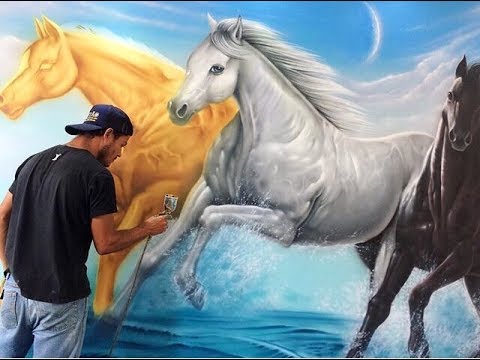480x360 Airbrushing Painting Horses Wall Mural Aerografia Em Parede - Wall Painting With Horses