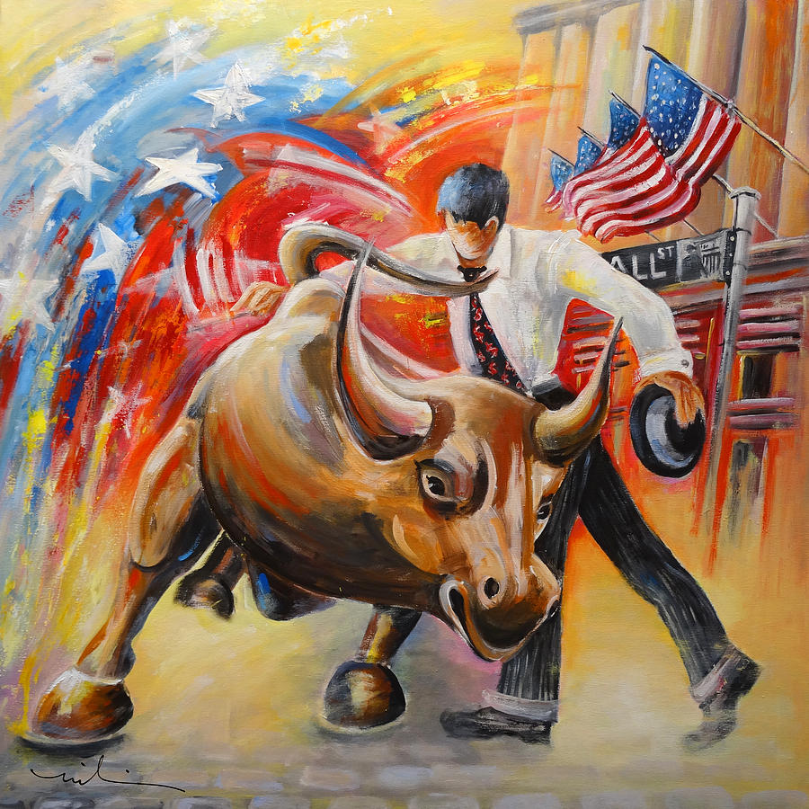 900x900 Taking On The Wall Street Bull Painting By Miki De Goodaboom - Wall Street Bull Painting