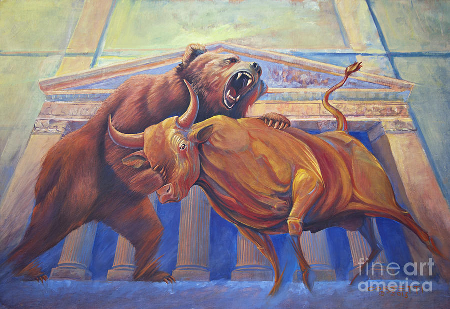 900x617 Bear Vs Bull Painting By Rob Corsetti - Wall Street Bull Painting