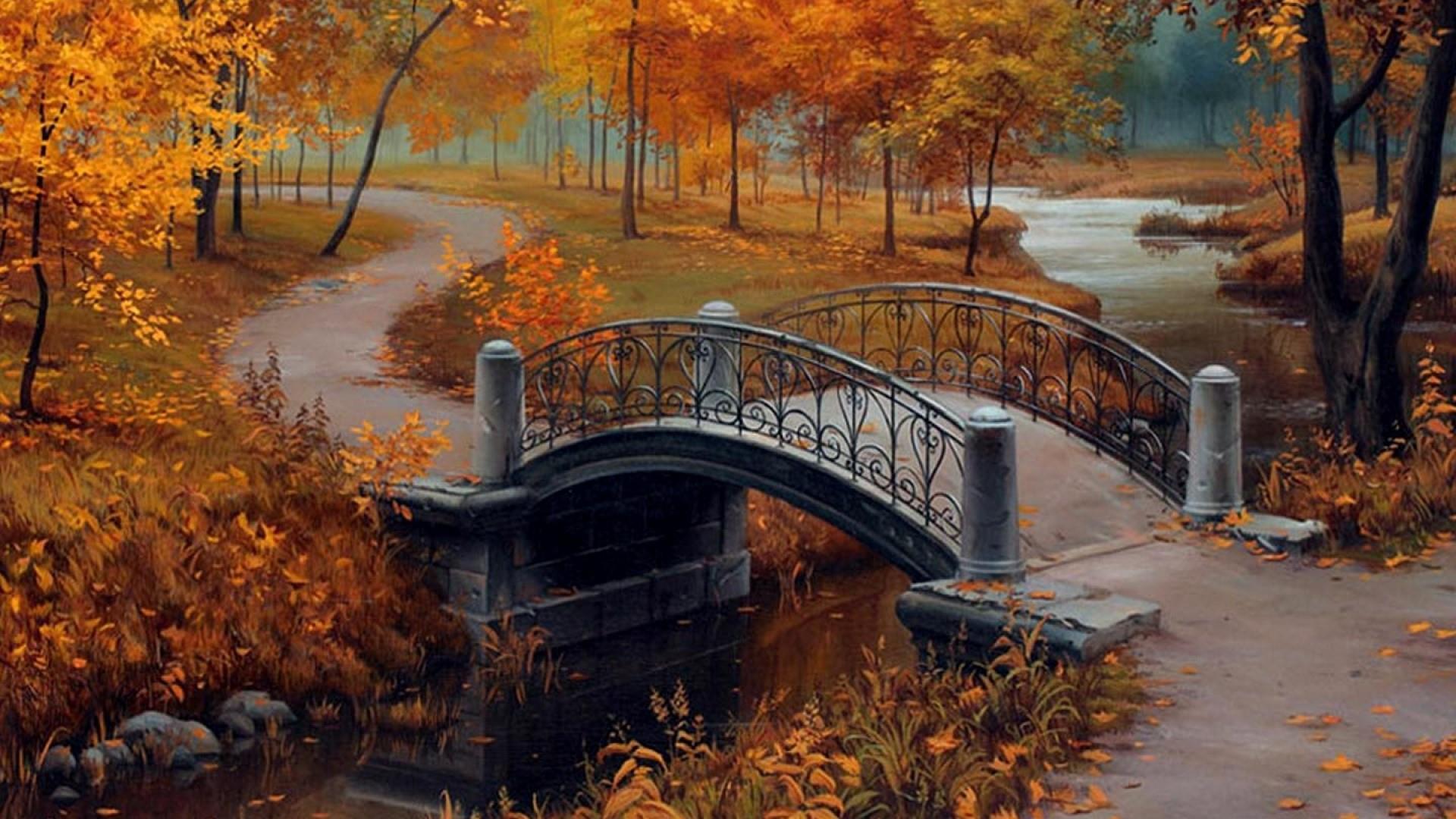 1920x1080 Autumn In The Park - Wallpaper Painting Art