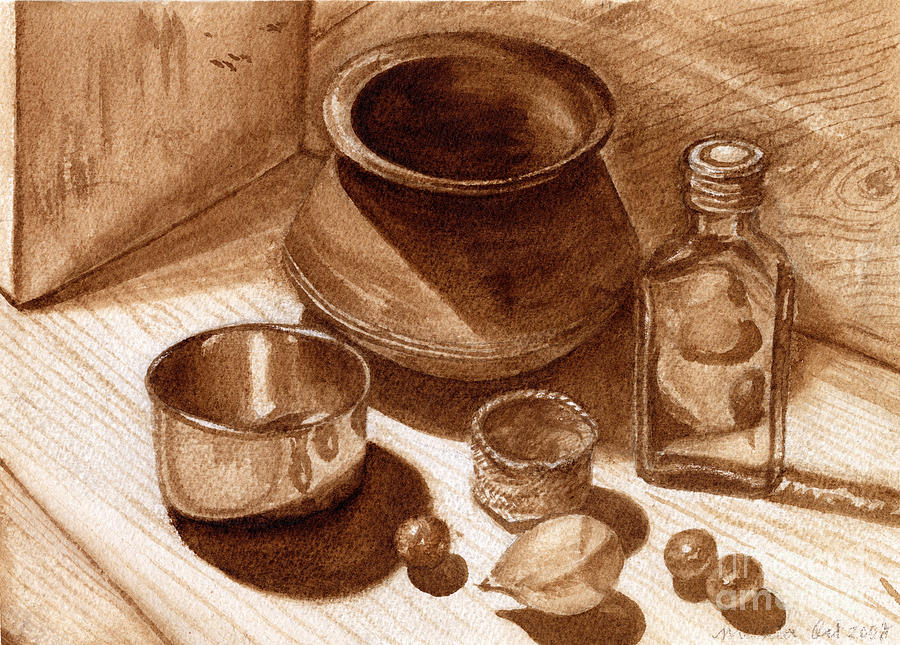 900x645 Still Life Walnut Ink Painting By Mukta Gupta - Walnut Painting