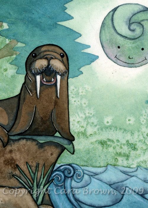 500x700 Walrus Painting In Watercolor Matted 5 X 7 Fantasy By Merlynsdream - Walrus Painting