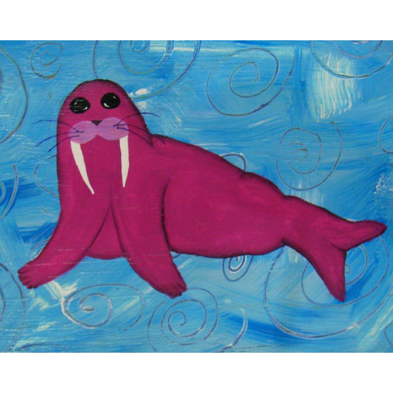 800x800 Original Primitive Folk Art Magenta Walrus Painting Funky Home Decor - Walrus Painting