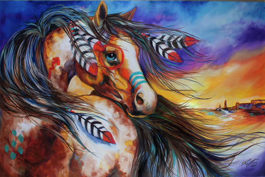 900x600 5 Feathers Indian War Horse Painting By Marcia Baldwin - War Horse Painting