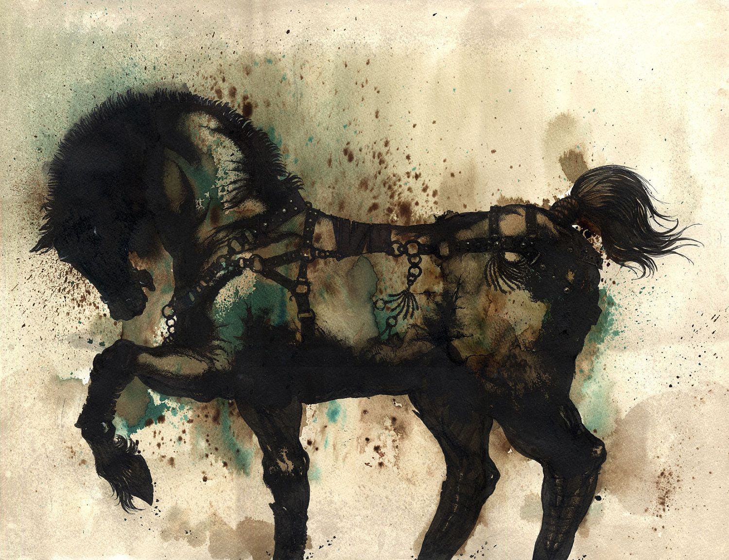 1500x1152 Original Painting Artwork War Horse Watercolor By Miguelmontalvo - War Horse Painting