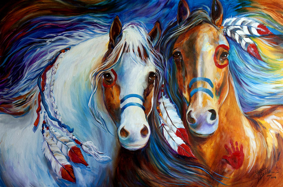 900x597 Spirit Indian War Horses Commission Painting By Marcia Baldwin - War Horse Painting