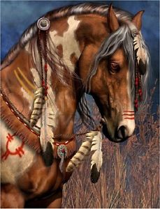 229x300 Vintage Native Spirit Painted War Horse Feathers Warrior Canvas - War Horse Painting
