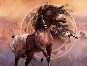 300x228 Canvas Print Native Painted War Horse Feathers Southwest Blanket - War Horse Painting