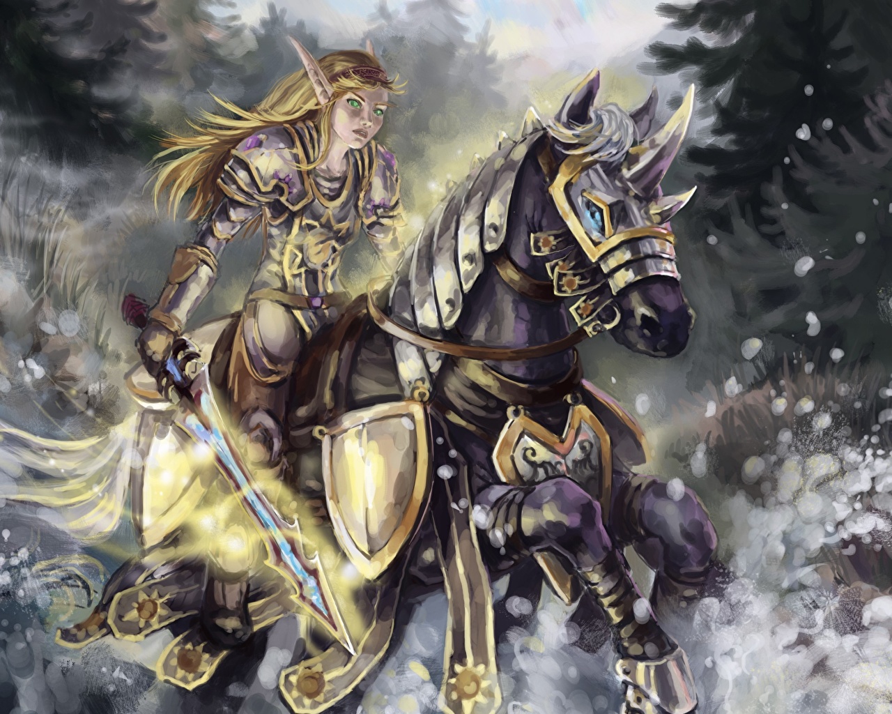 1280x1024 Image World Of Warcraft Armor Swords Horses Elves Warriors 1280x1024 - Warcraft Painting
