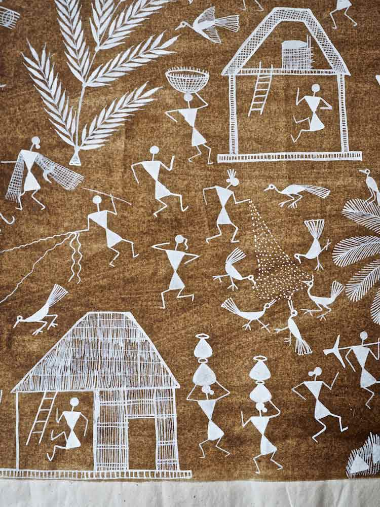 750x1000 Warli Painting Village With Palm Tree Silk Road Gallery - Warli Painting Images