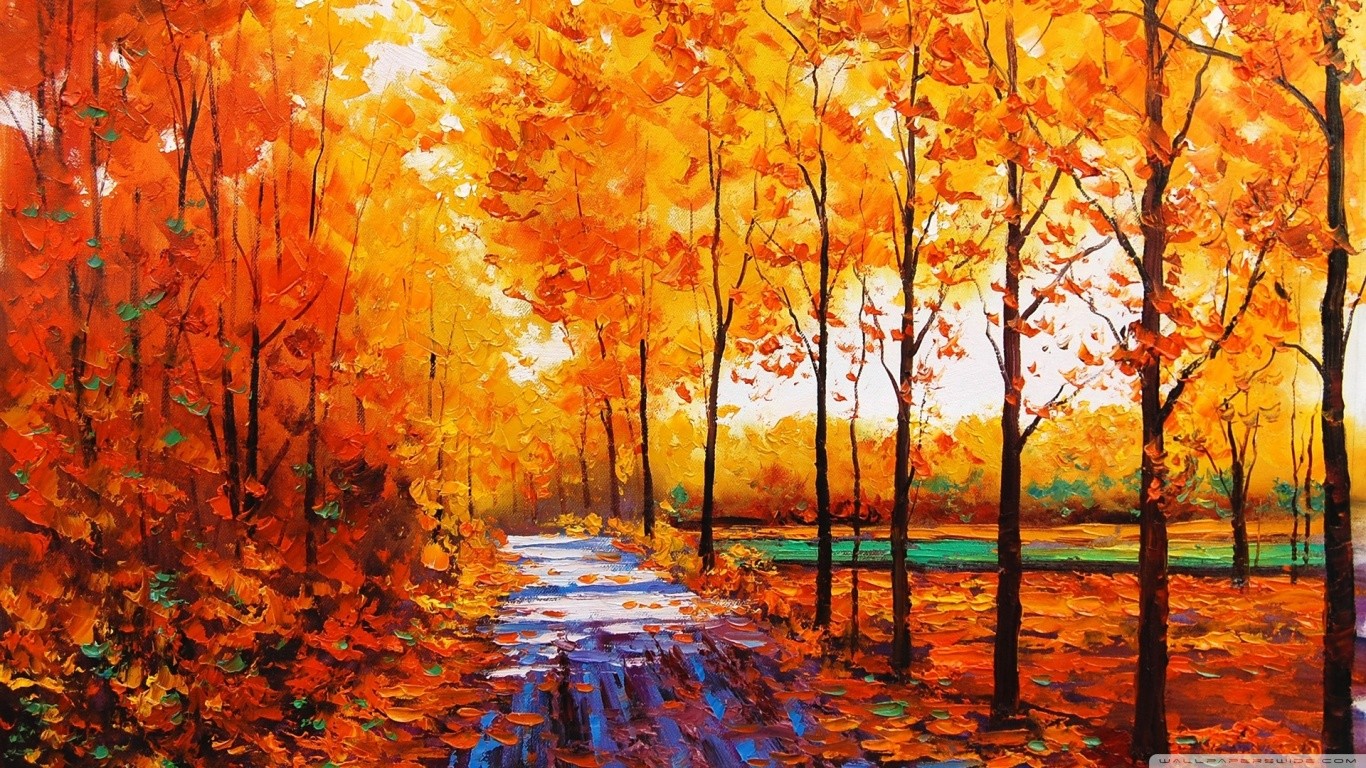 1366x768 Forests Park Nature Leaves Artwork Warm Autumn Road Path Orange - Warm Painting