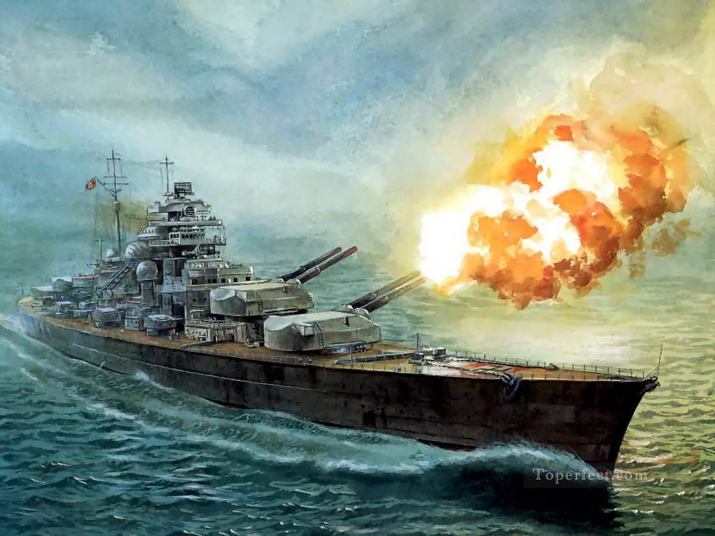 1024x768 Battleship Bismarck Firing A Salvo Landscape Painting - Warship Painting