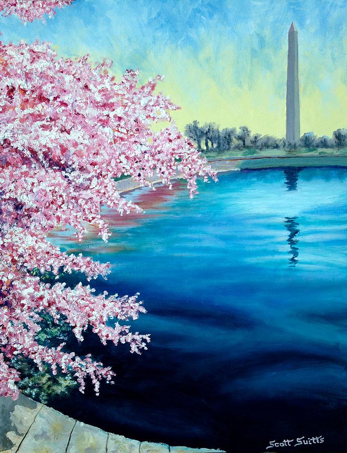 690x900 Cherry Blossom Washington Monument Painting By Scott Suitts - Washington Monument Painting