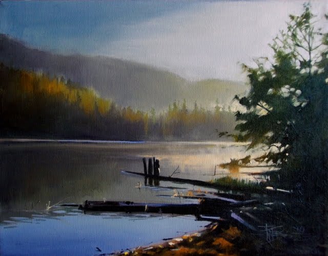 640x501 In Plein Air Sunrise Over Clear Lake Oil Landscape Painting - Washington State Painting
