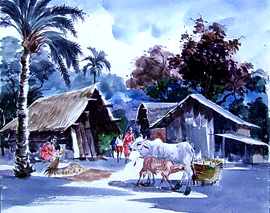 900x712 Watar Color Village Painting By Golam Kibria - Watar Colour Painting