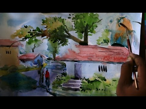 480x360 Easy Water Color Painting(Scenery)home With Tree Beautiful Sketch - Watar Colour Painting